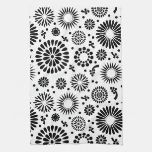 Folk Floral Black and White Flowers Boho Chic Towel