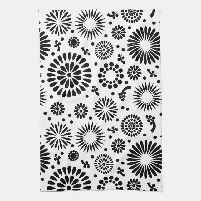 Folk Floral Black and White Flowers Boho Chic Towel (Vertical)