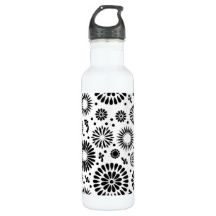 Folk Floral Black and White Flowers Boho Chic Water Bottle