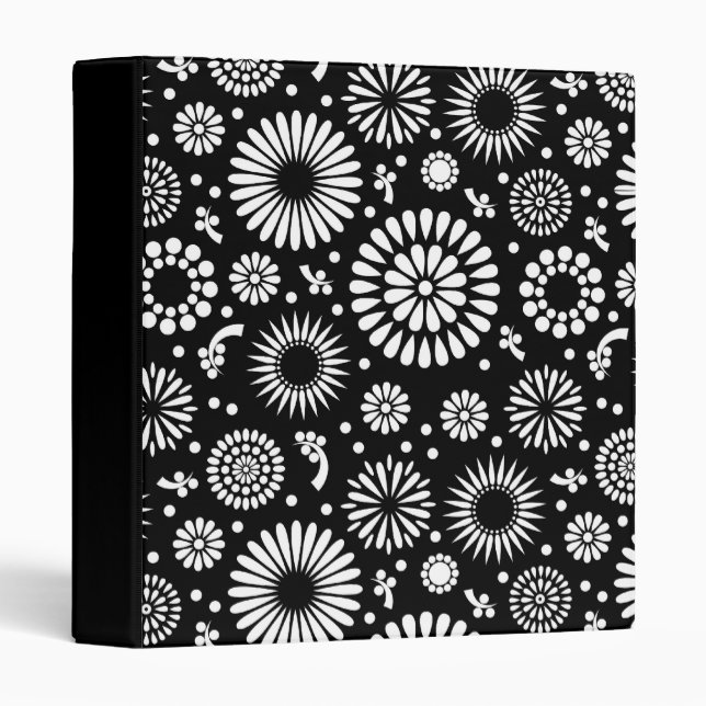Folk Floral Black and White Sunflower Boho Chic  3 Ring Binder (Front/Spine)