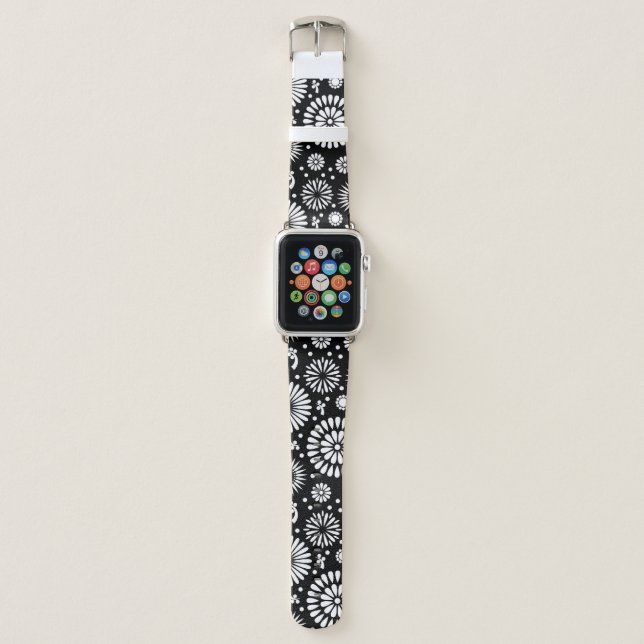 Folk Floral Black and White Sunflower Boho Chic  Apple Watch Band (Front)