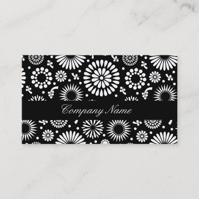 Folk Floral Black and White Sunflower Boho Chic  Business Card (Front)