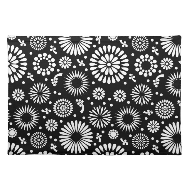 Folk Floral Black and White Sunflower Boho Chic  Cloth Placemat (Front)