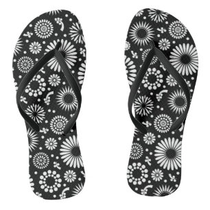 Folk Floral Black and White Sunflower Boho Chic Flip Flops