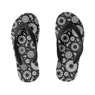 Folk Floral Black and White Sunflower Boho Chic Kid's Flip Flops