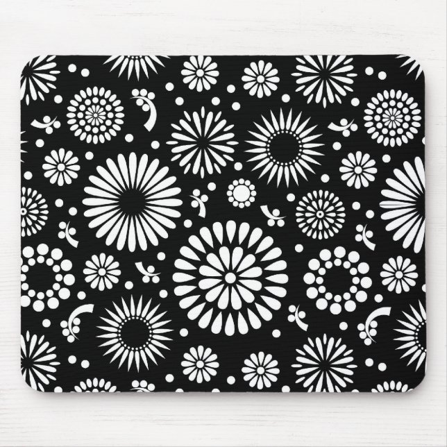 Folk Floral Black and White Sunflower Boho Chic  Mouse Pad (Front)