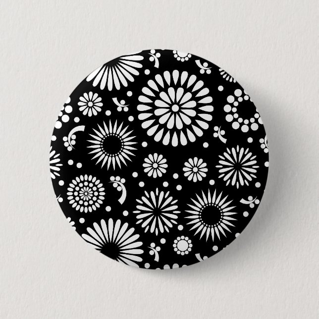 Folk Floral Black and White Sunflower Boho Chic  Pinback Button (Front)