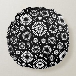 Folk Floral Black and White Sunflower Boho Chic  Round Pillow