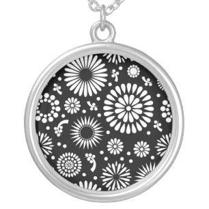 Folk Floral Black and White Sunflower Boho Chic Silver Plated Necklace