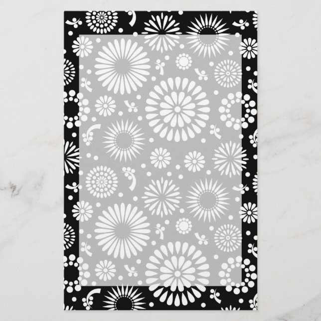 Folk Floral Black and White Sunflower Boho Chic  Stationery (Front)