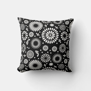 Folk Floral Black and White Sunflower Boho Chic  Throw Pillow