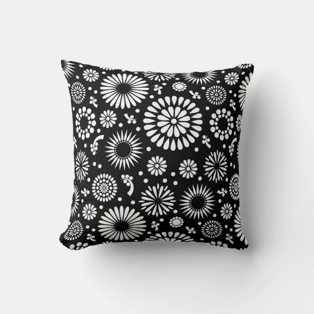 Folk Floral Black and White Sunflower Boho Chic  Throw Pillow (Front)