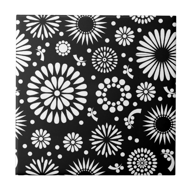 Folk Floral Black and White Sunflower Boho Chic  Tile (Front)