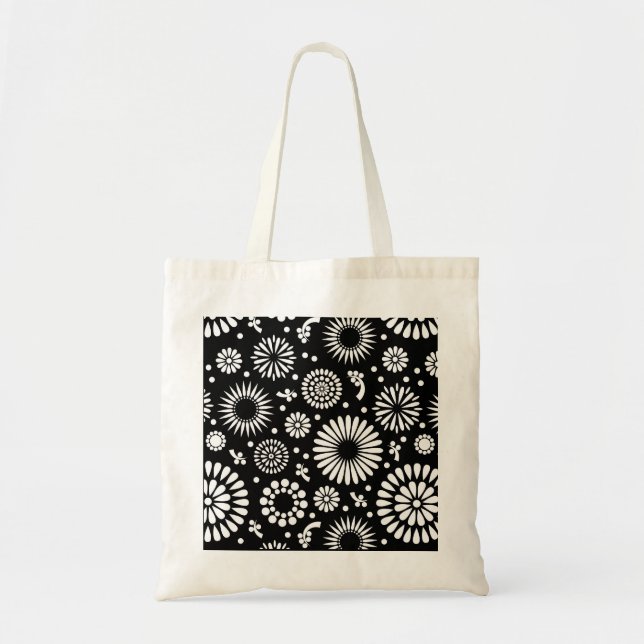 Folk Floral Black and White Sunflower Boho Chic  Tote Bag (Front)