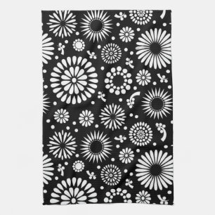 Folk Floral Black and White Sunflower Boho Chic Towel