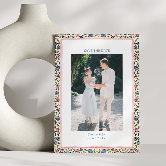 Folk Floral Border Modern Coquette Romantic Photo Save The Date (Creator Uploaded)
