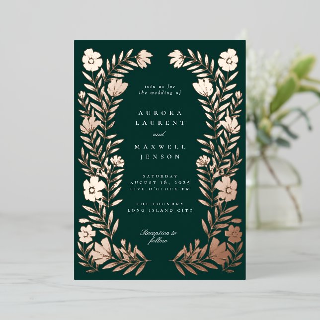 Folk Floral Botanical Frame Wedding Foil Invitation (Standing Front)