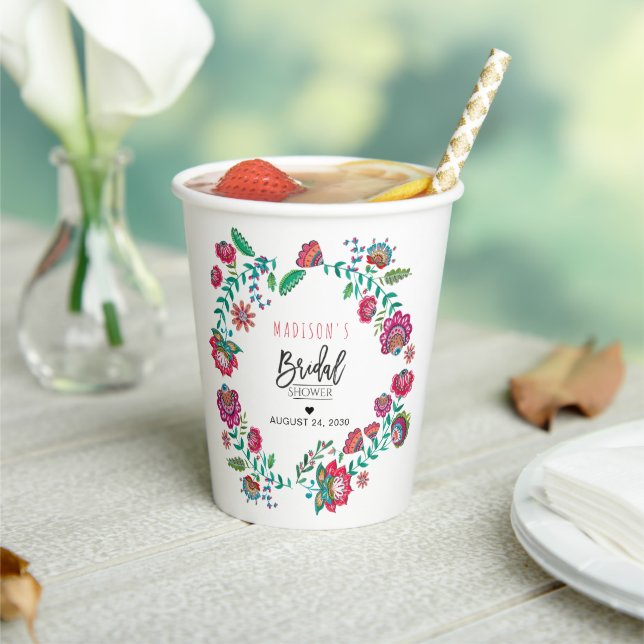Folk Floral Bridal Shower Paper Cups Rustic (Insitu)