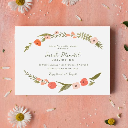 Folk Floral Handwritten Pink Green Bridal Shower Invitation