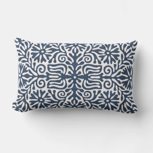 Folk Floral Navy Blue Traditional Boho Design Lumbar Pillow