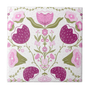 Folk Floral Pattern. Pink & Burgundy Flower Design Ceramic Tile