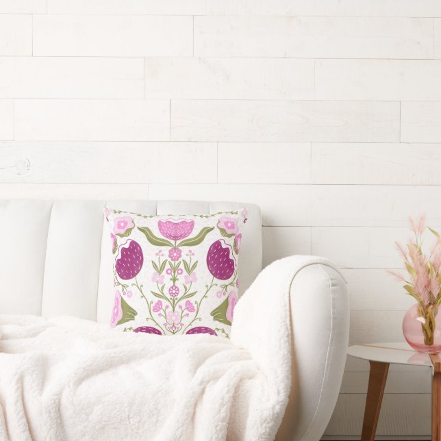 Folk Floral Throw – Pink & Burgundy Botanic. Pillow (Couch)