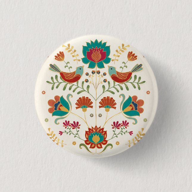 Folk Floral With Birds Button (Front)