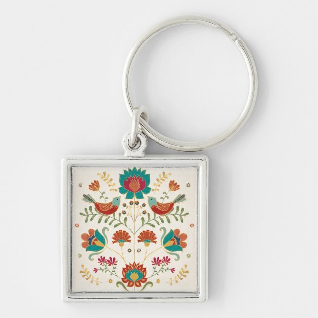 Folk Floral With Birds Keychain (Front)
