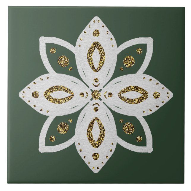 folk flower 1 green and white ceramic tile (Front)