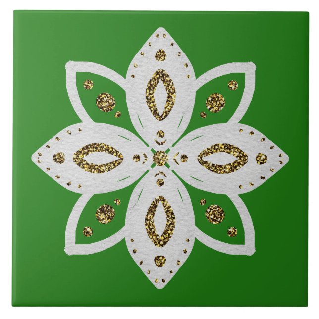 folk flower 1 green and white ceramic tile (Front)