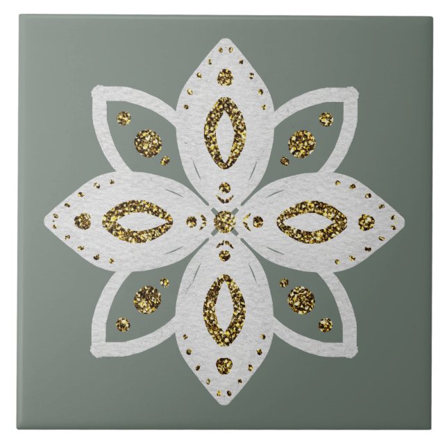 folk flower 1 lite green and white ceramic tile (Front)