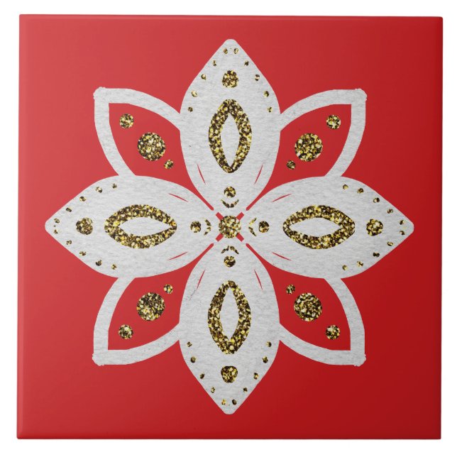folk flower 1 lite red and white ceramic tile (Front)