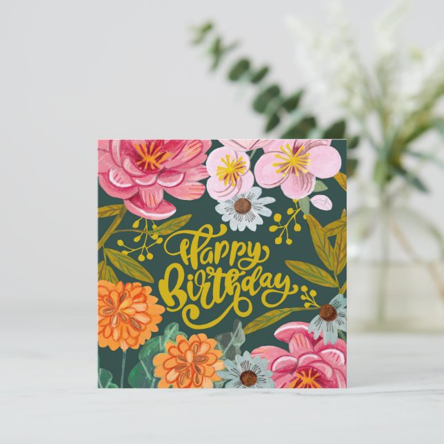 Folk flower Birthday greeting card (Standing Front)