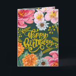 Folk flower Birthday greeting card<br><div class="desc">Beautiful hand painted pink orange and mustard flowers on a dark green background. Original artwork by Caroline Bonne Müller</div>
