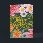 Folk flower Birthday greeting card<br><div class="desc">Beautiful hand painted pink orange and mustard flowers on a dark green background. Original artwork by Caroline Bonne Müller</div>