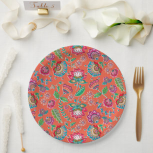 Folk flower bright orange floral pattern wedding paper plates