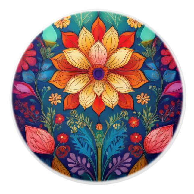 Folk Flower  Ceramic Knob (Front)