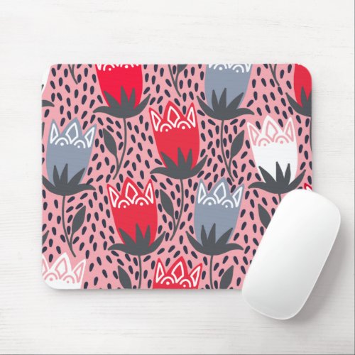 Folk Flower Pink Gray White Floral Pattern  Mouse Pad