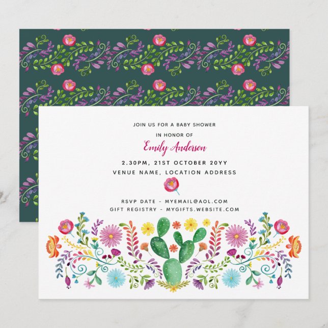 Folk Flowers Baby Shower Invites Watercolor Cacti (Front/Back)
