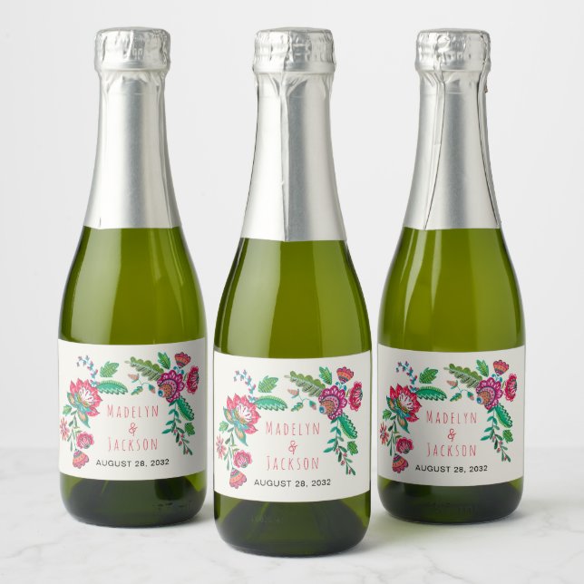 Folk flowers bohemian wedding sparkling wine label (Bottles)