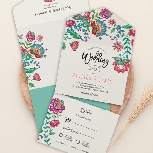 Folk Flowers Boho Turquoise Fiesta wedding All In One Invitation