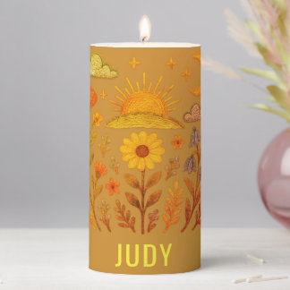 Folk Flowers Boho Vibes Custom Name Gift Pillar Candle