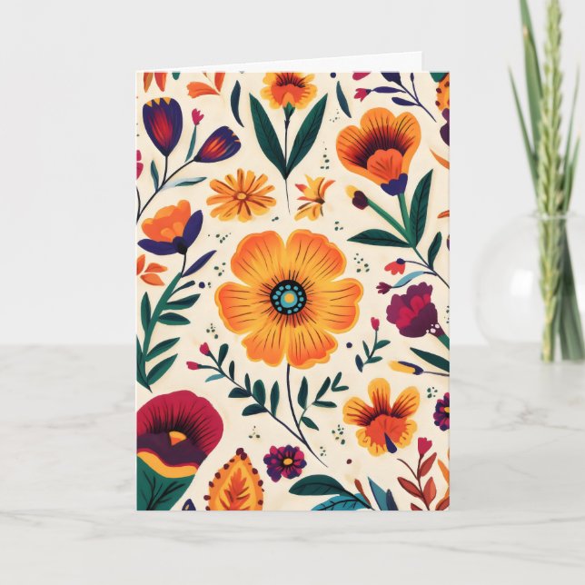 Folk Flowers Colorful Holiday Card (Front)
