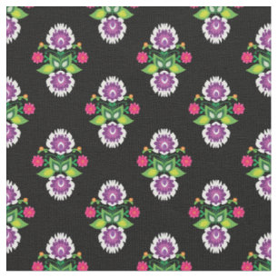 Folk Flowers -  diamond shaped composition black Fabric