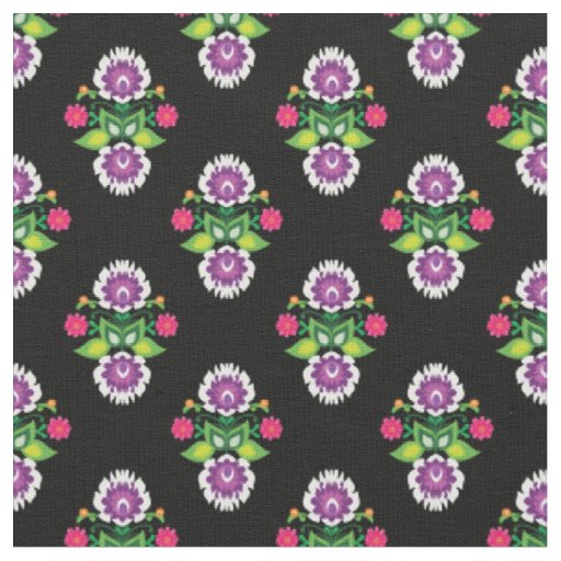 Folk Flowers -  diamond shaped composition black Fabric