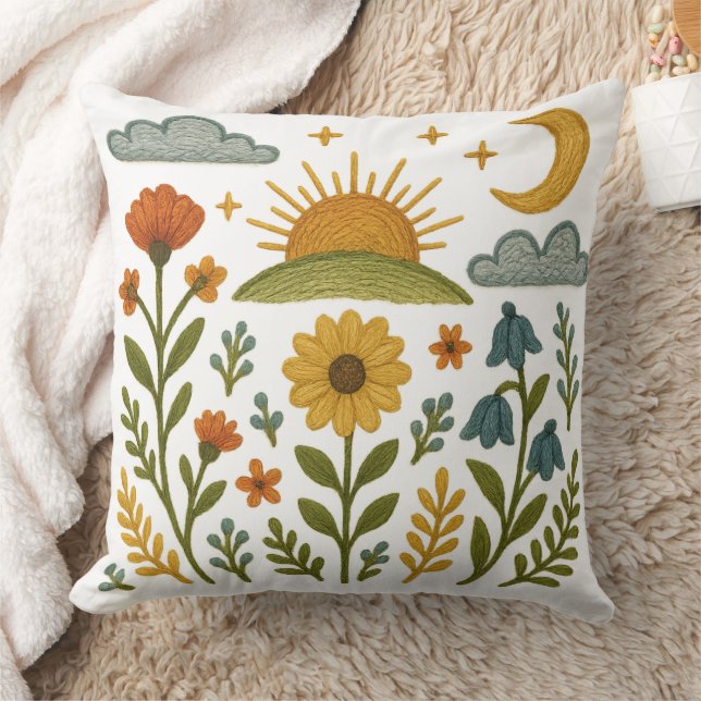 Folk Flowers Embroidered Look  Throw Pillow (Blanket)