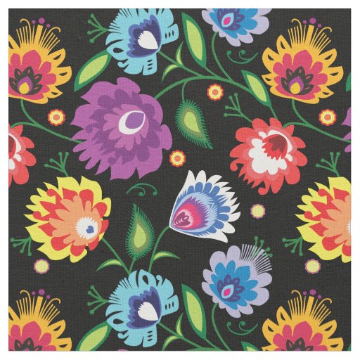 Folk flowers on black fabric