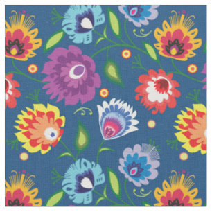 Folk Flowers on classic blue Fabric