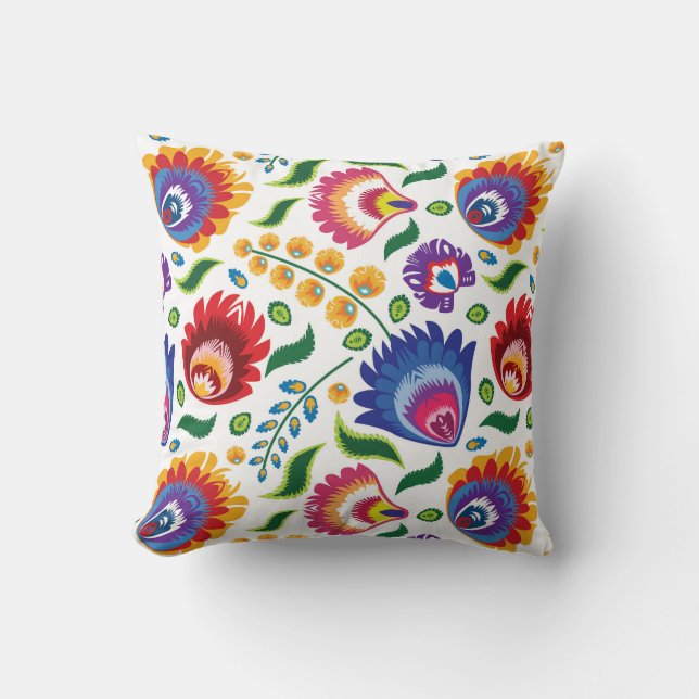Folk Flowers on white background Throw Pillow (Front)