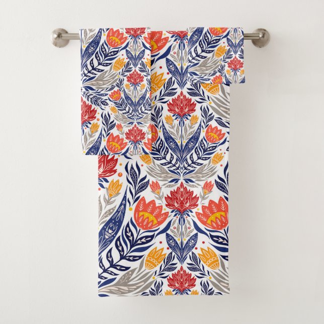 Folk flowers pattern  bath towel set (Insitu)